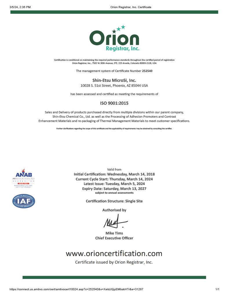 Orion Registrar Certificate - Shin-Etsu MicroSi, Inc. ISO 9001-2015